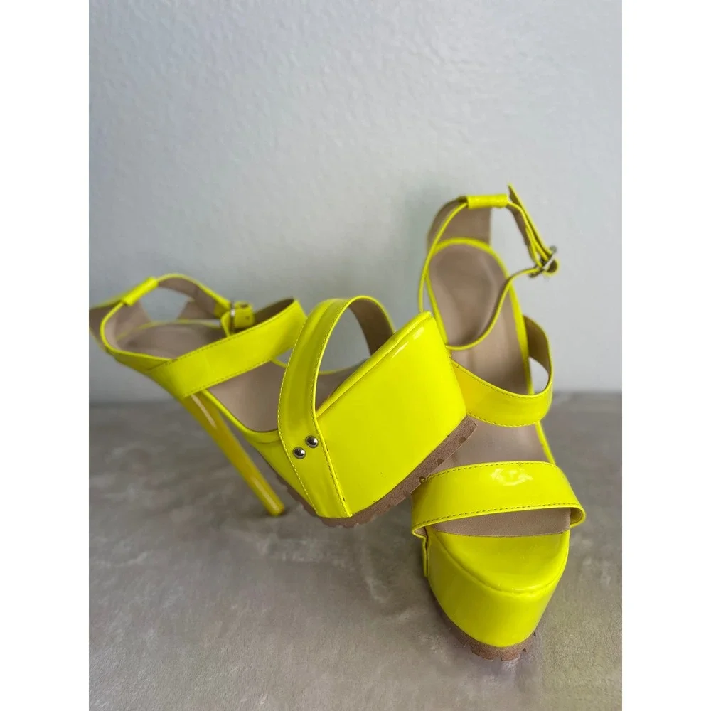 Neon Yellow Patent Platform Sandals Triple Strap Stiletto Lug Sole Heels Size 41